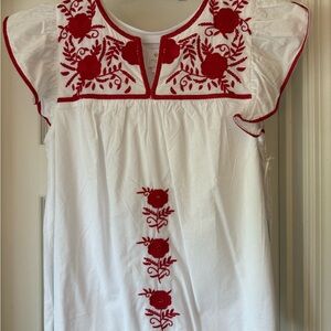 White j. Marie top with Red Floral Embroidery